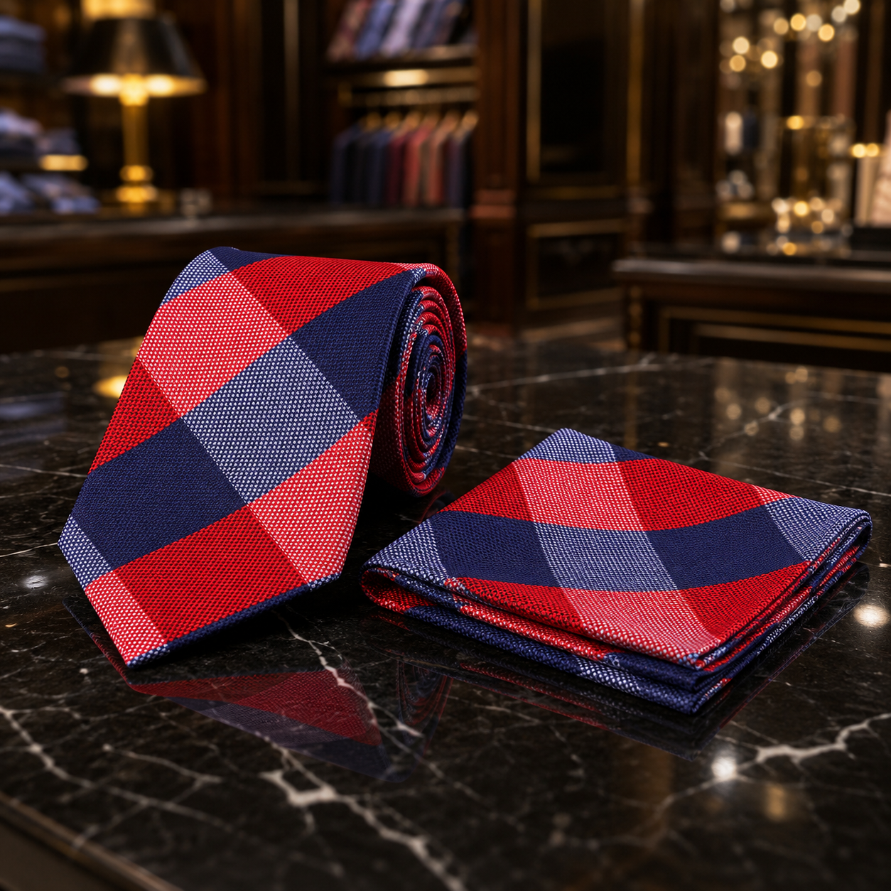 A matching necktie and pocket square set with a red and navy blue argyle pattern, displayed on a polished black marble surface in an elegant, dark wood interior setting.