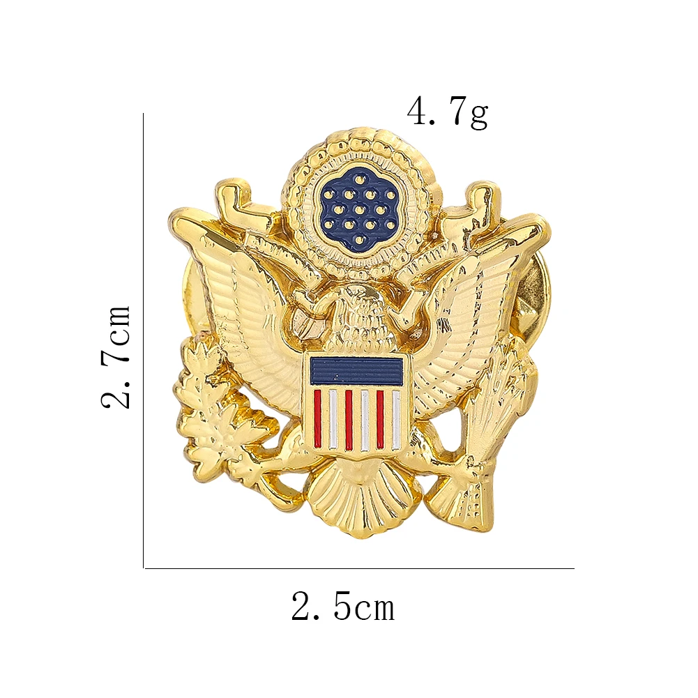 Gold eagle emblem with measurements and weight on a white background