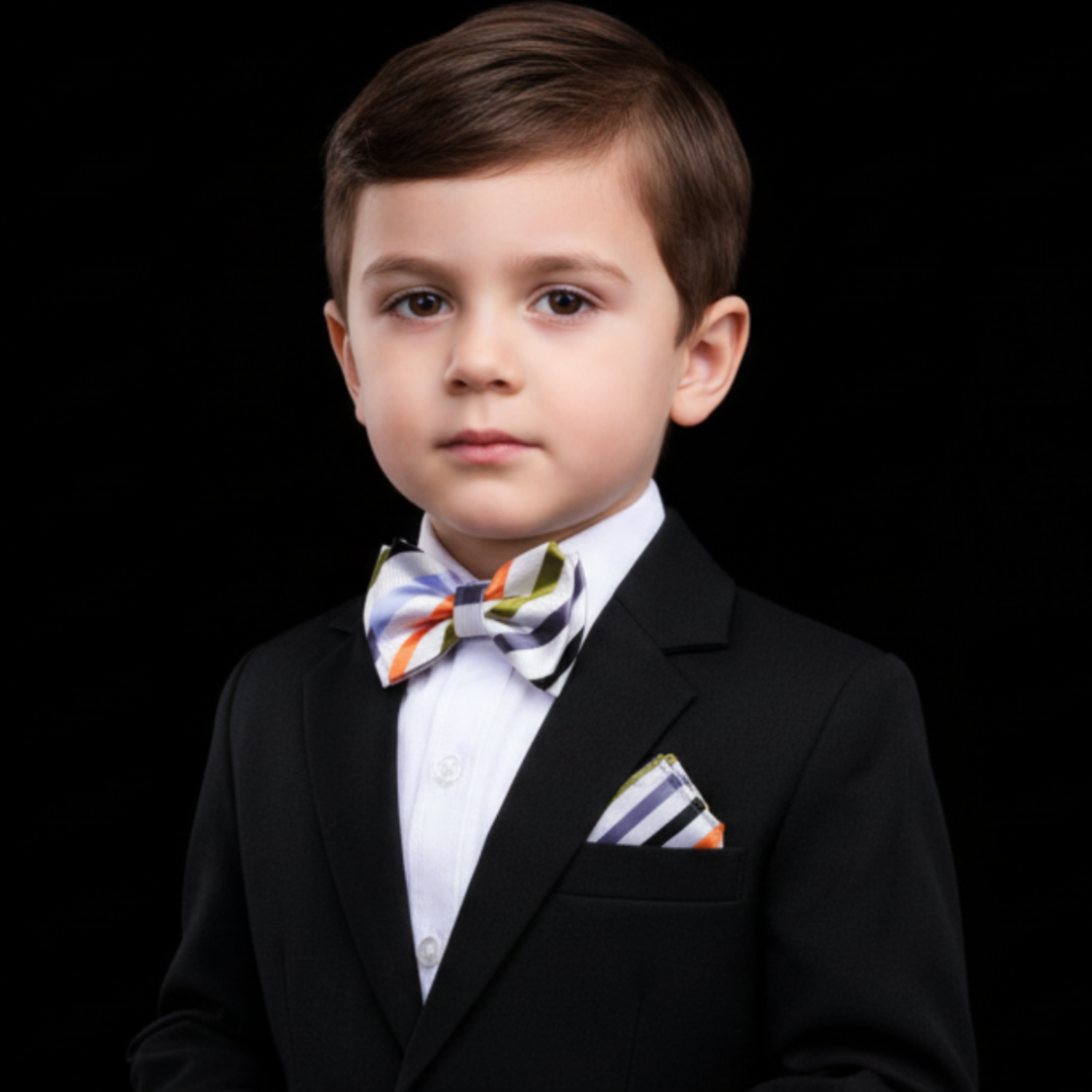 Young boy in a formal suit with a bow tie and pocket square on a black background