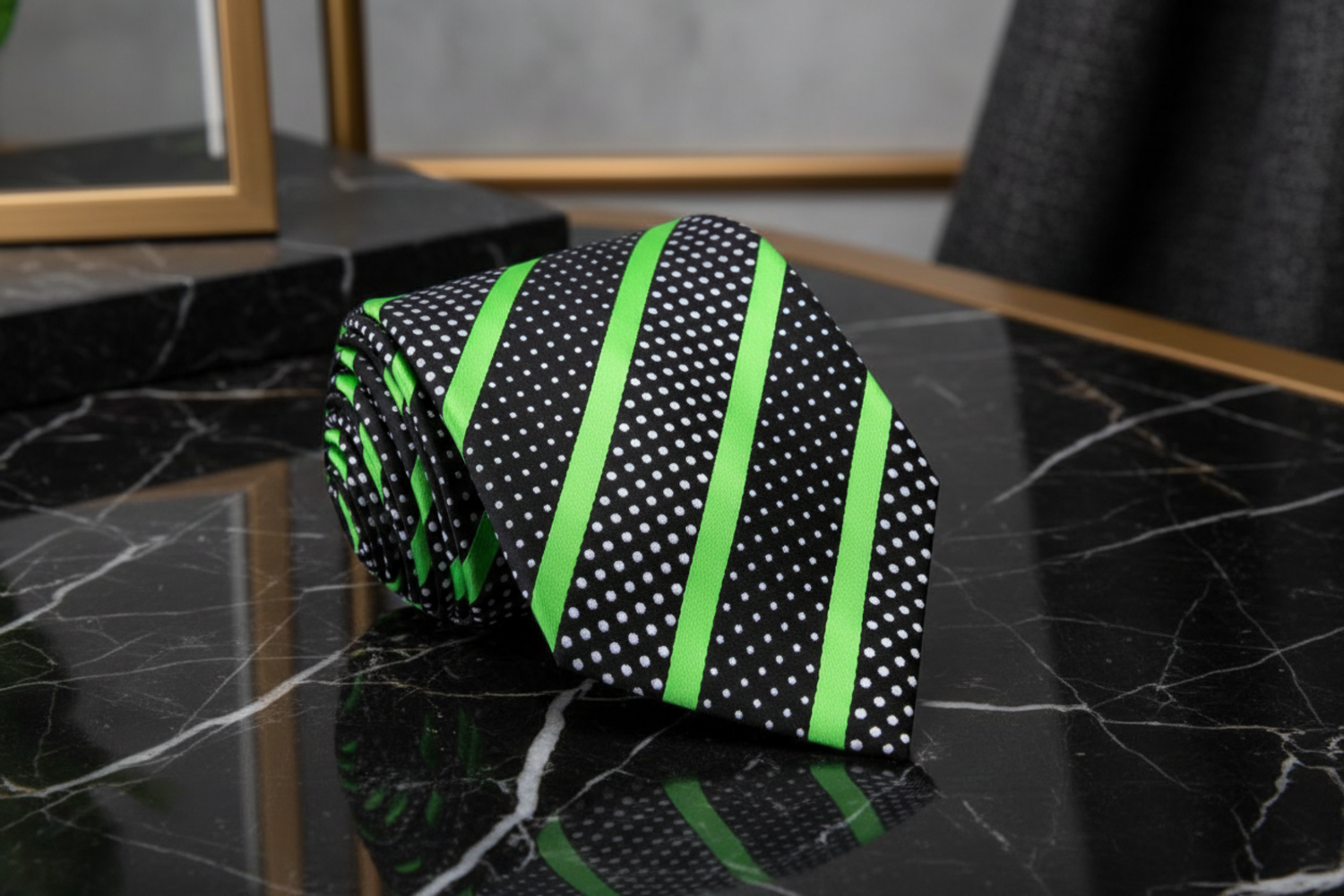 black, green stripe necktie