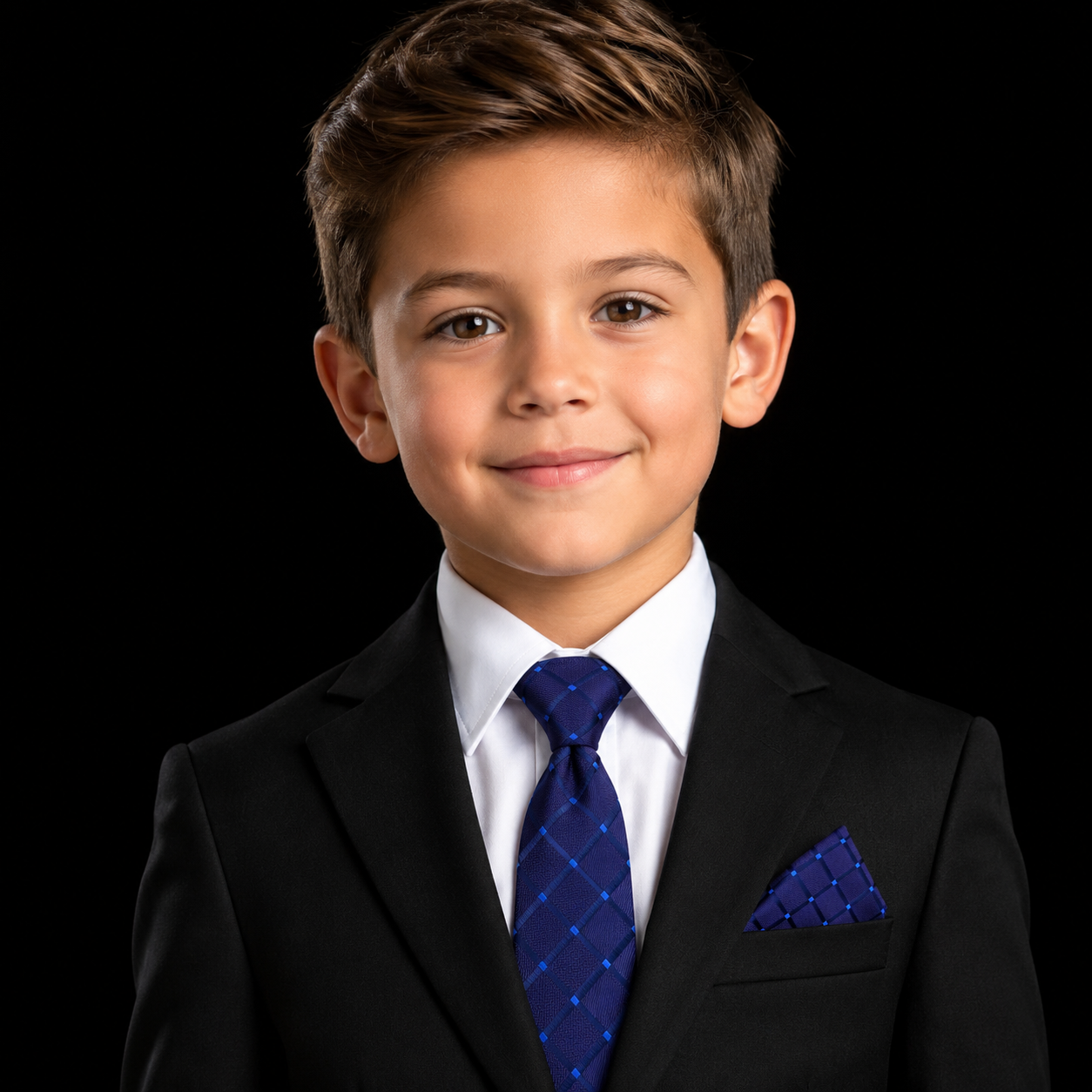 Young boy in a black suit with a blue tie and pocket square on a black background