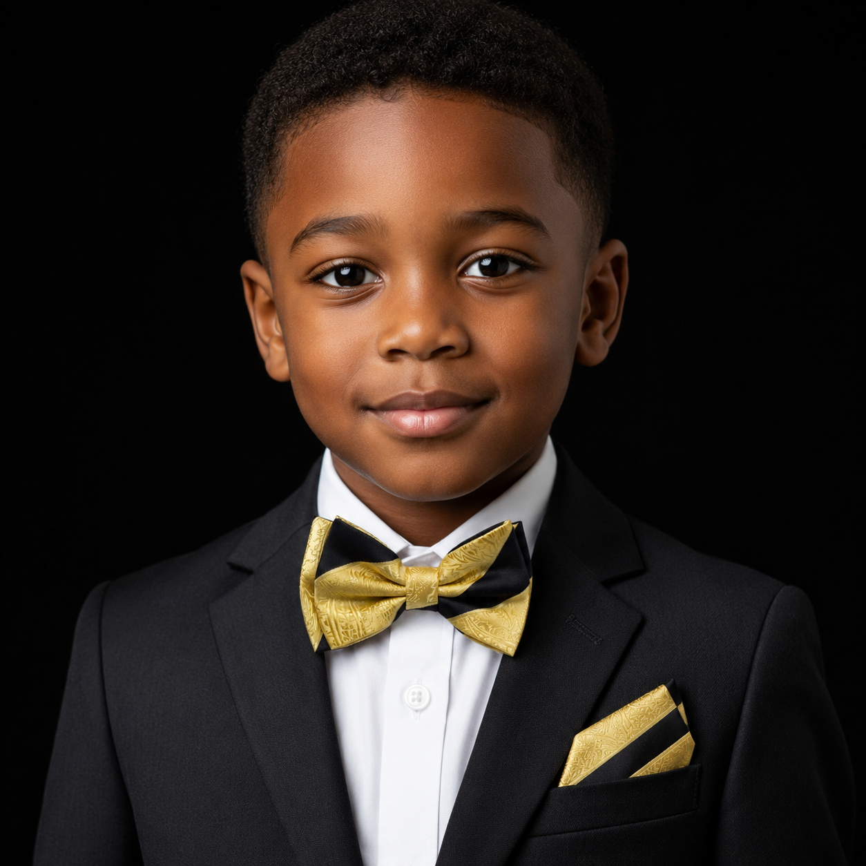 A young boy wearing a black suit jacket, white dress shirt, black bow tie, and a matching gold pocket square against a solid black background.