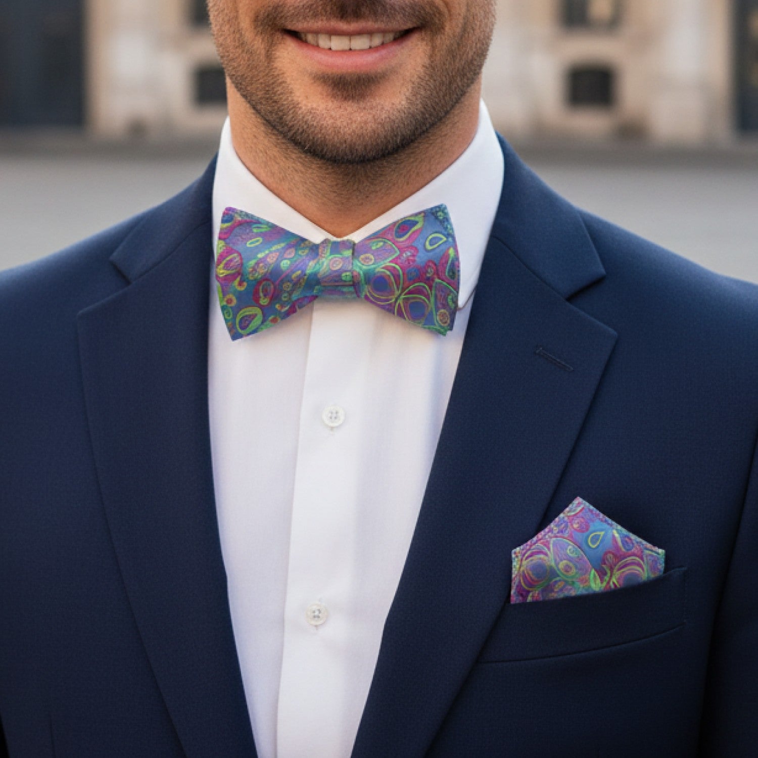 Man wearing a navy suit with a colorful bow tie and pocket square, standing outdoors.