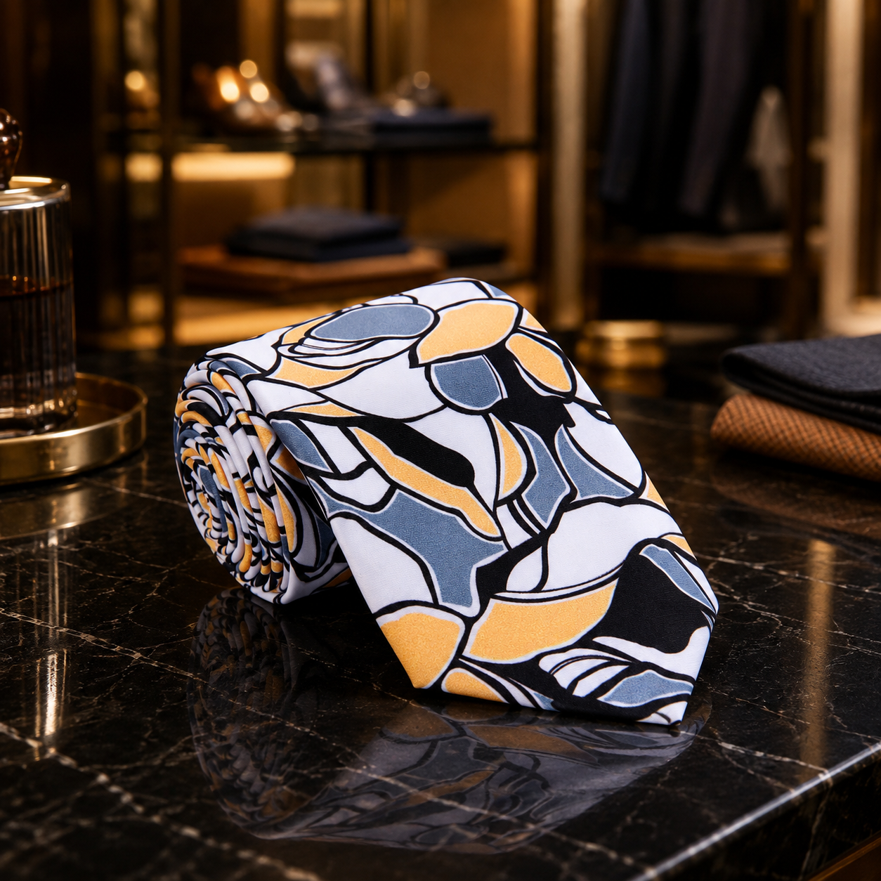 A Orange, Black, Grey Fleck Abstract Pattern Necktie