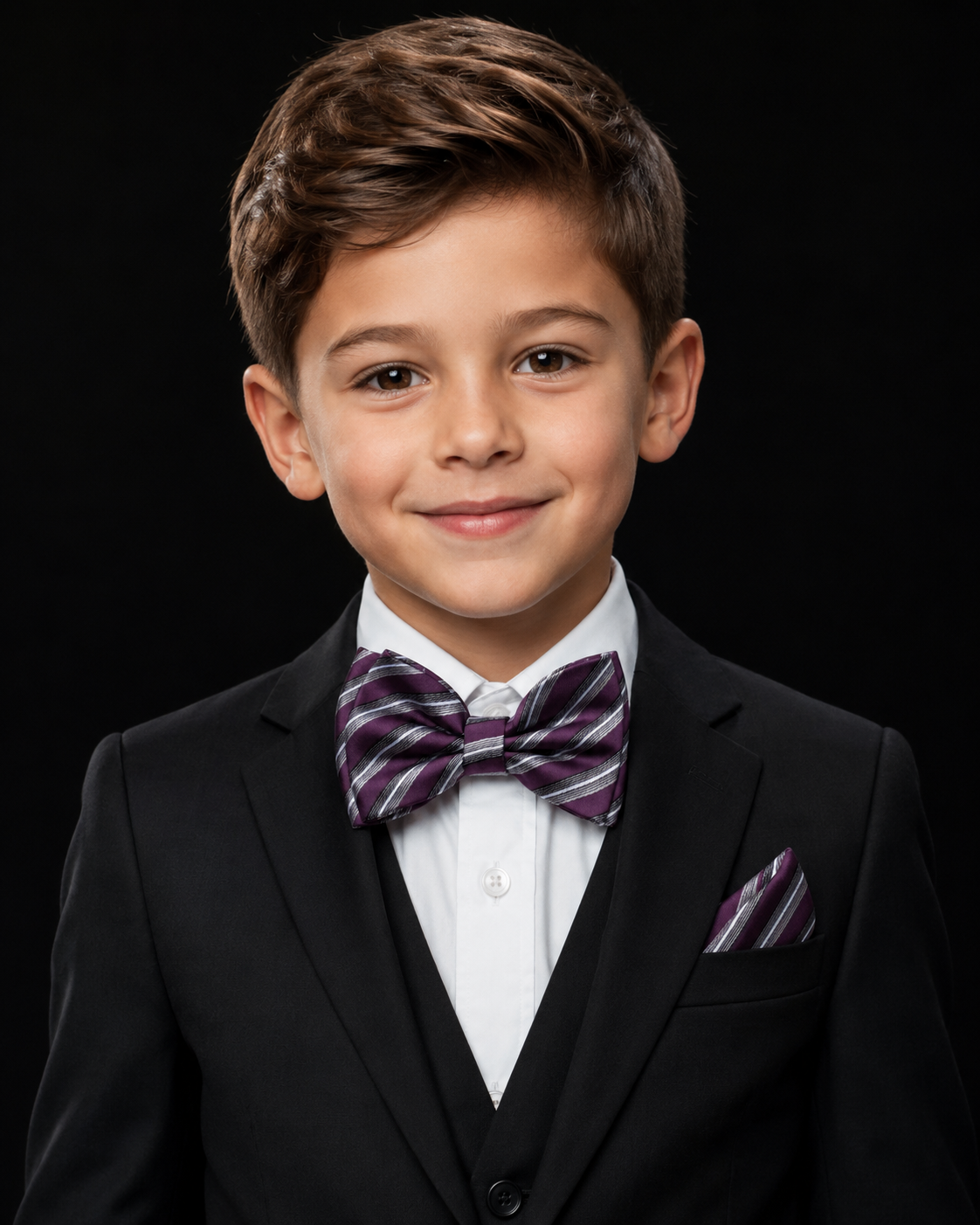 A Purple, Grey Color With Stripe Pattern  Kids Pre-Tied Bow Tie, Matching Pocket on boy
