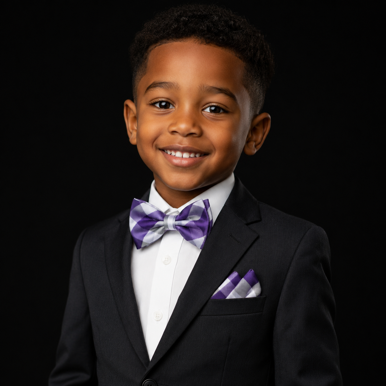A young boy wearing a black suit, white dress shirt, and a purple and white patterned bow tie and pocket square, photographed against a solid black background.