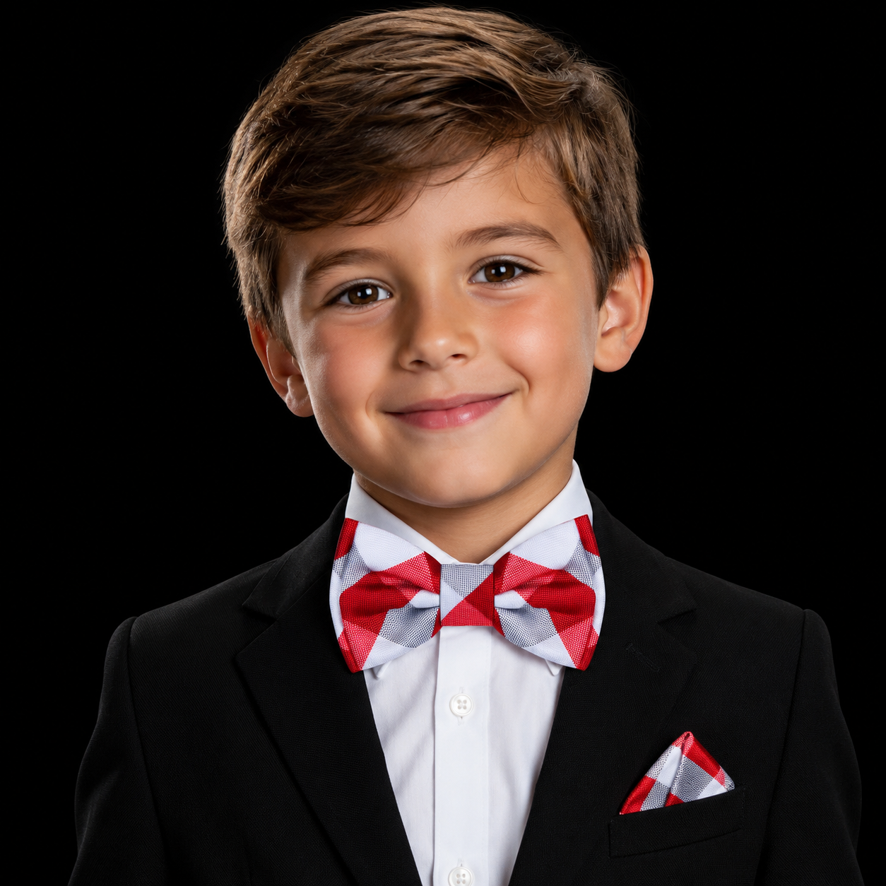 A young boy with brown hair wearing a black suit jacket, white dress shirt, and a red and white geometric patterned bow tie and pocket square, set against a solid black background.