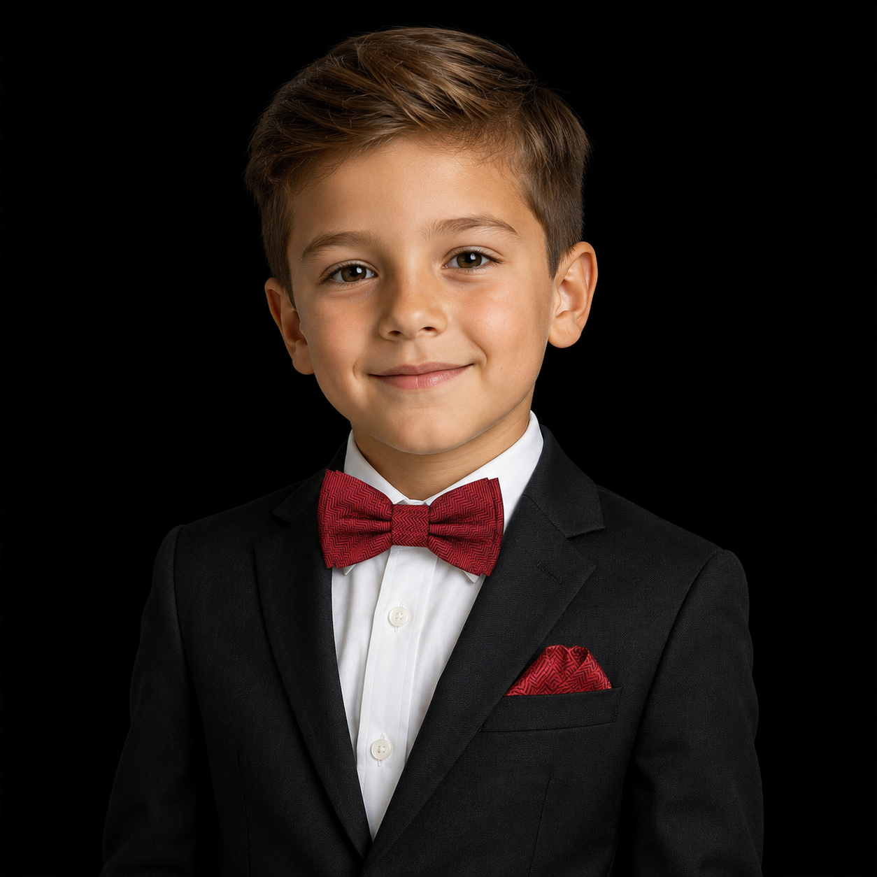 A young boy with brown hair wearing a black suit jacket, white dress shirt, and a deep red textured bow tie with a matching red pocket square, set against a solid black background.