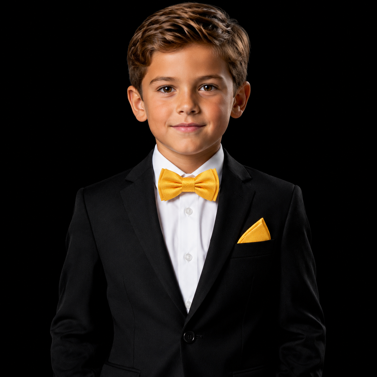 Young boy in a black suit with a yellow bow tie and pocket square on a black background