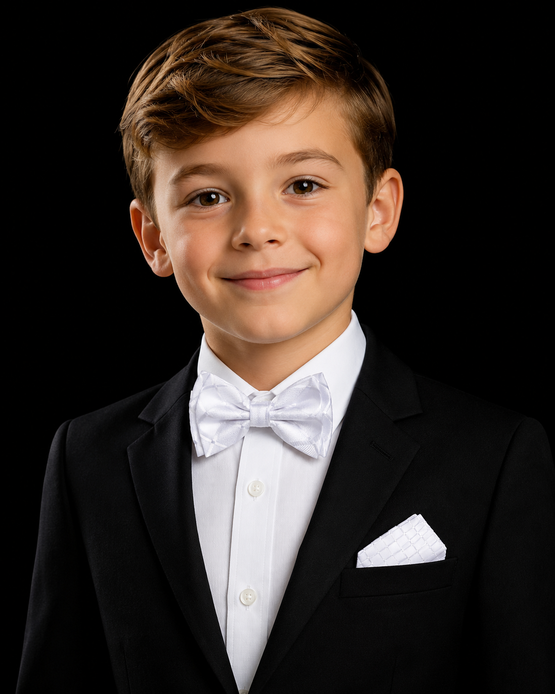 Young boy in a formal black suit with white bow tie and pocket square on a black background