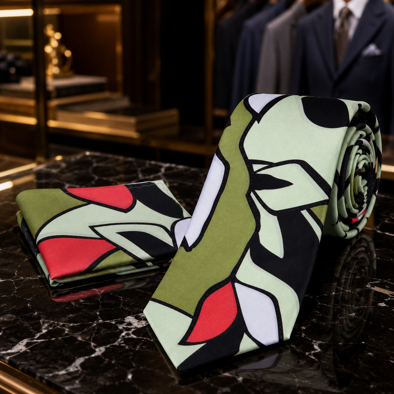 A men's necktie and matching pocket square set with an abstract geometric pattern in sage green, black, white, and red, displayed on a dark marble surface with a blurred luxury suit store background.