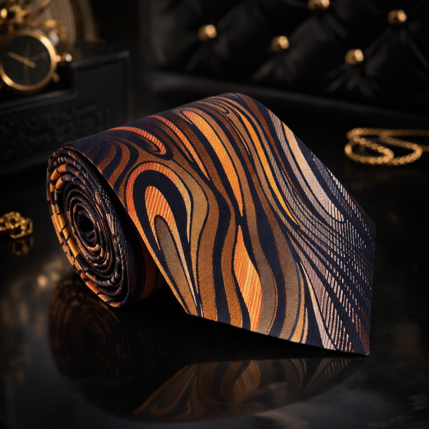 Roll of patterned fabric with gold and black design on a dark surface.