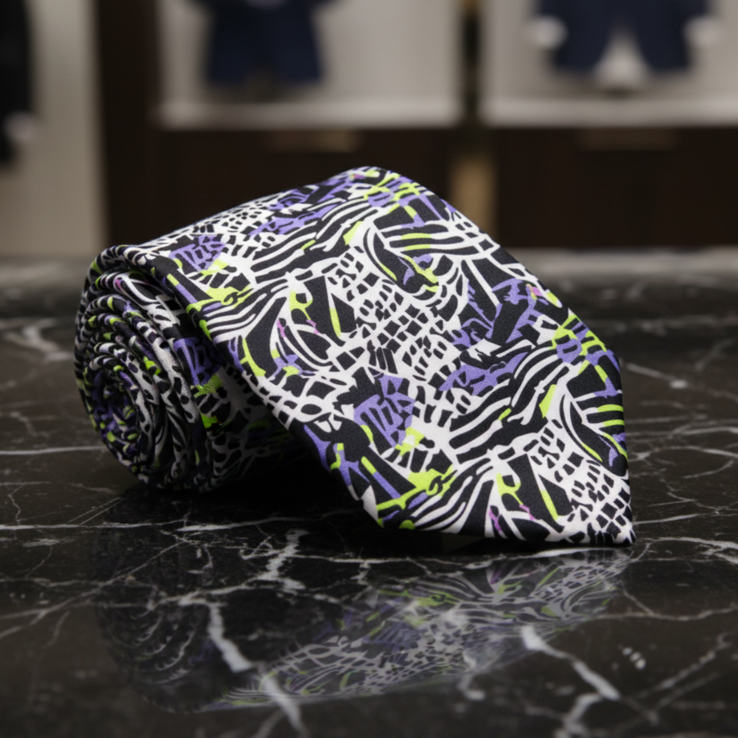Abstract Graphic Necktie Black  White with Neon Green and Purple Accents