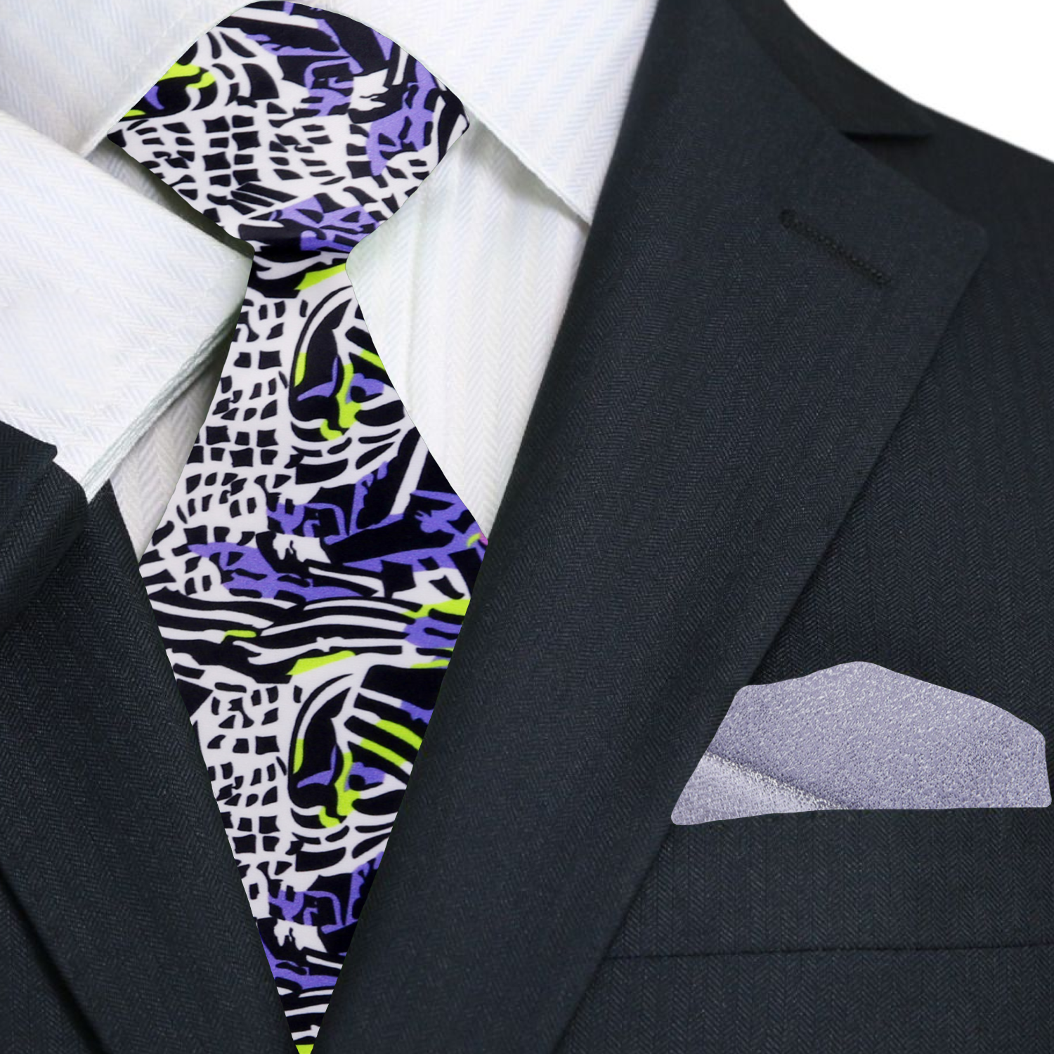 Abstract Graphic Necktie Black  White with Neon Green and Purple Accents and Grey Square