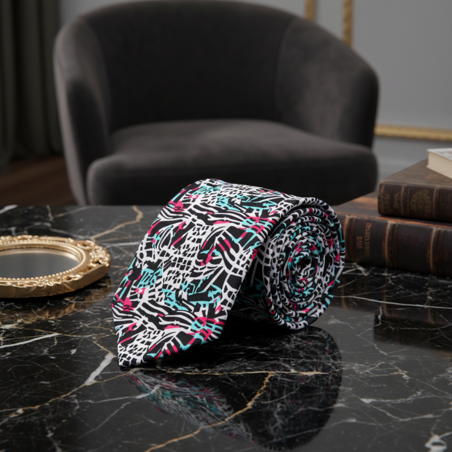 Abstract Graphic Necktie Black & White with Teal and Pink Accents