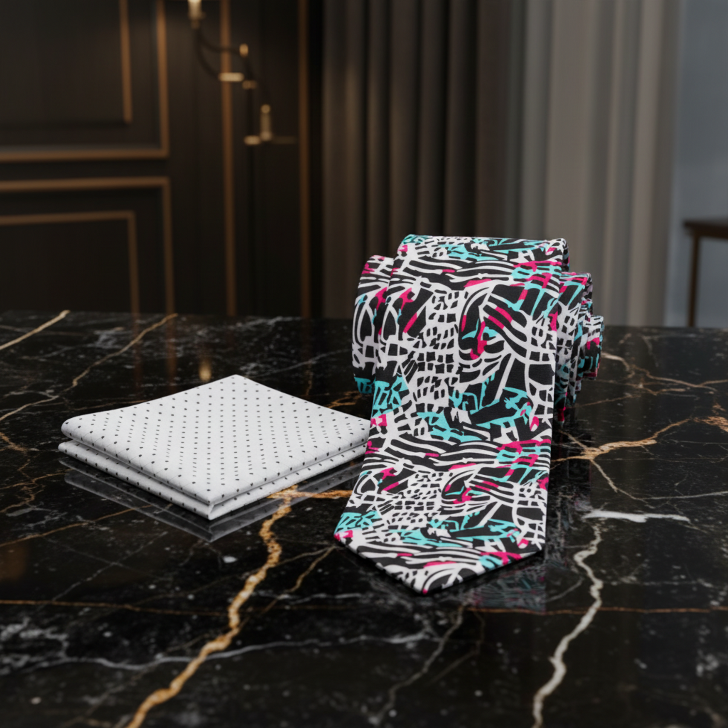 Abstract Graphic Necktie Black & White with Teal and Pink Accents with Accenting White Black Dot Square 2a