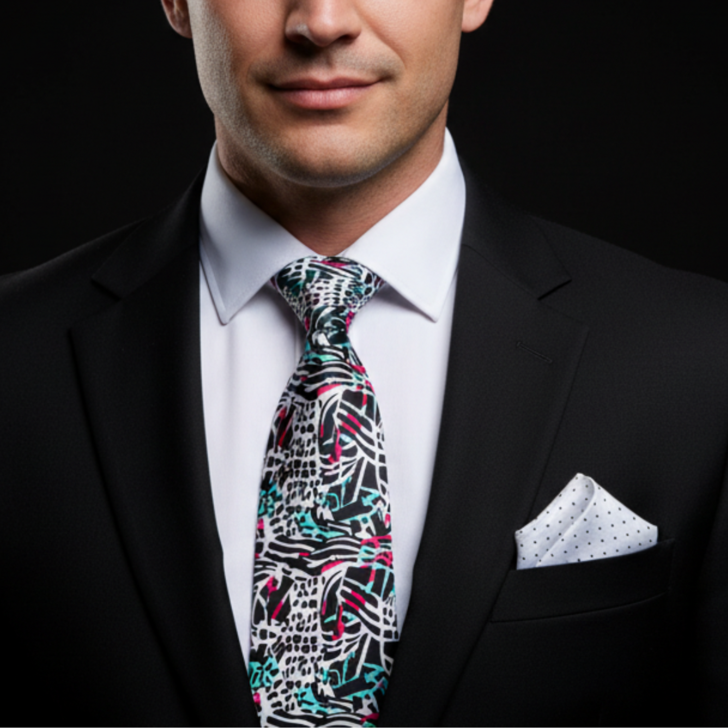 Man wearing a black suit with a Abstract Graphic Necktie Black & White with Teal and Pink Accents with Accenting Square 