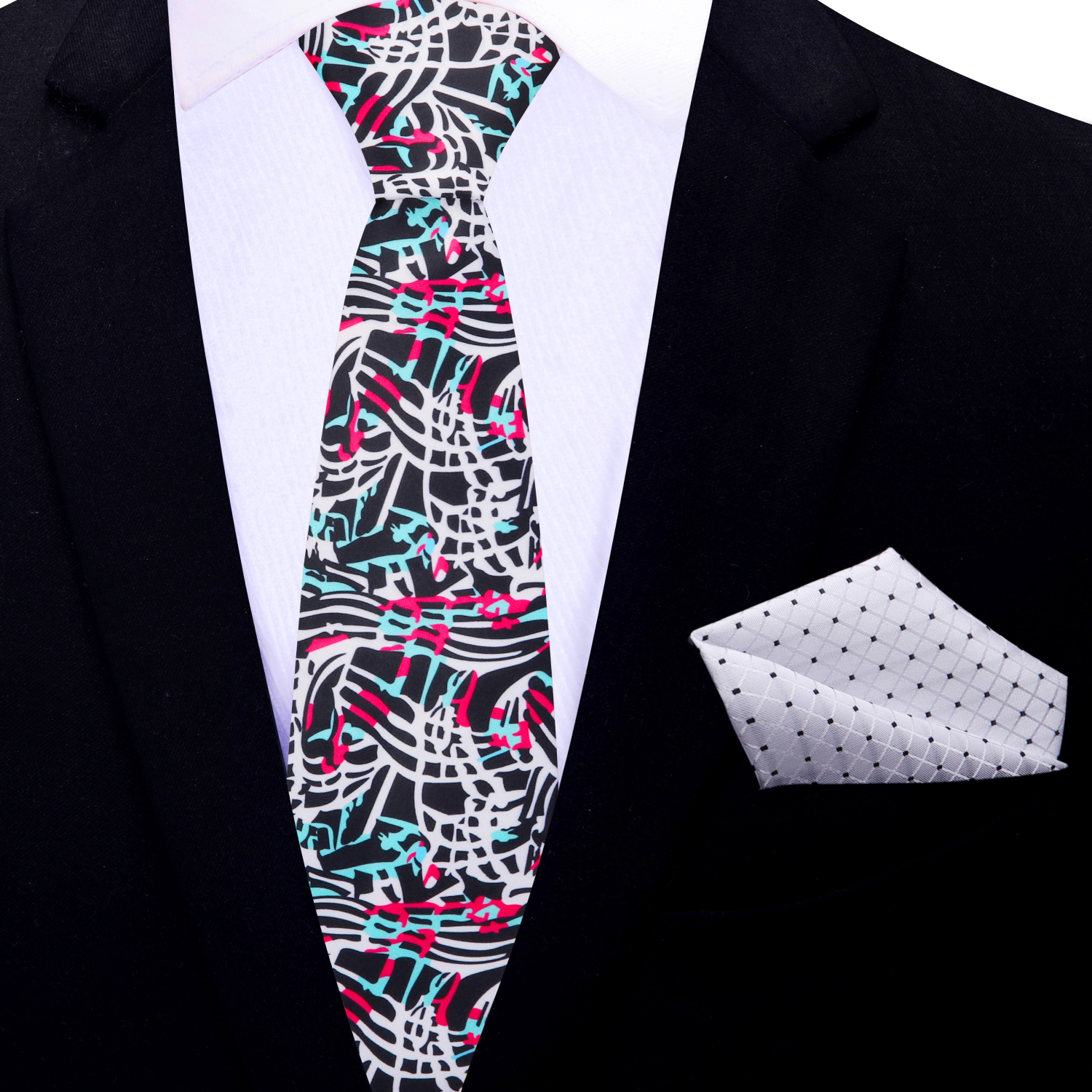 thin Abstract Graphic Necktie Black & White with Teal and Pink Accents with Accenting White Black Dot Square 
