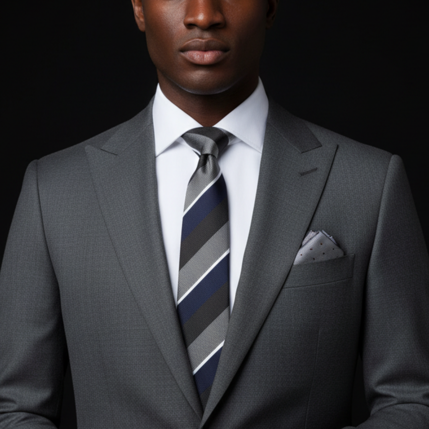 Grey, Brown and Blur Stripe Tie and Accenting Square on Man