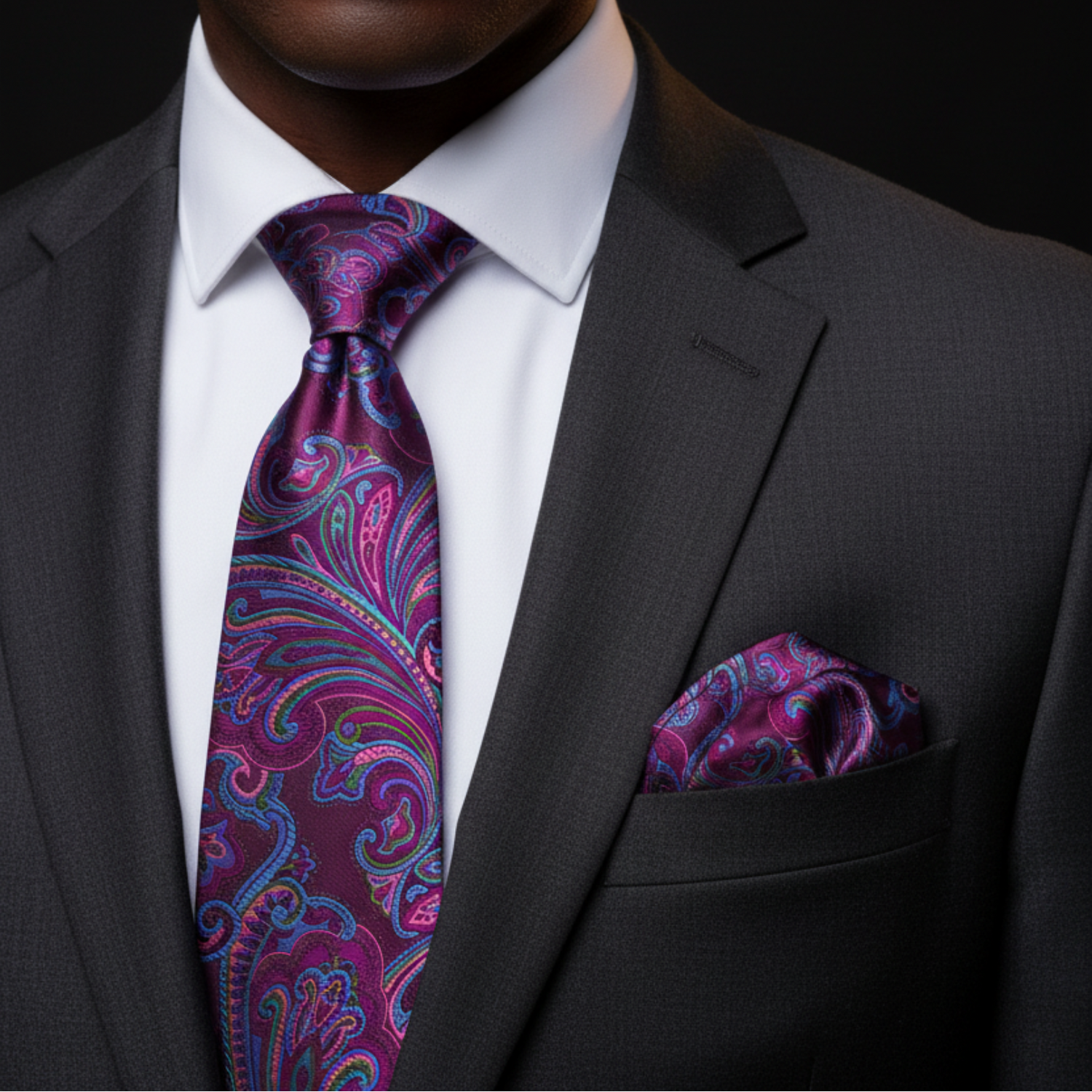 Purple Paisley Tie and Square on Man