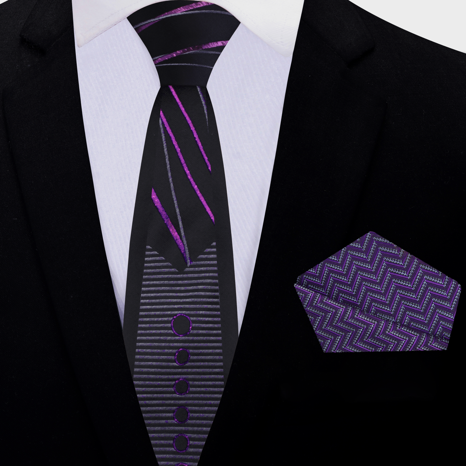 Black Grey Purple Tuxedo thin Tie and accenting Square