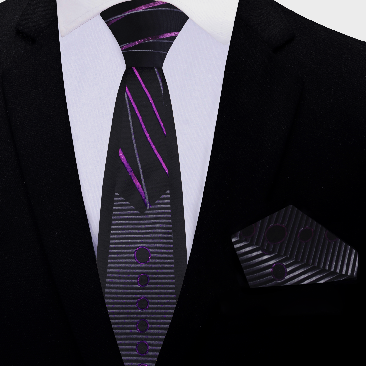 Black Grey Purple Tuxedo thin Tie and matching Square