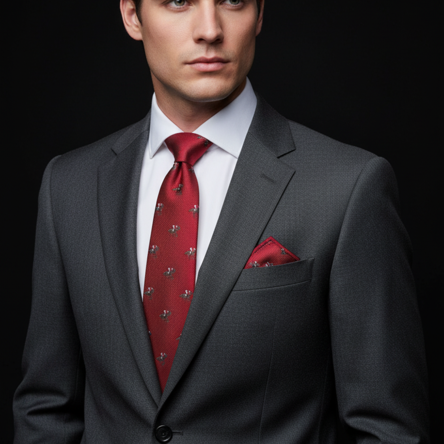 Man wearing a gray suit with a red tie and pocket square on a black background