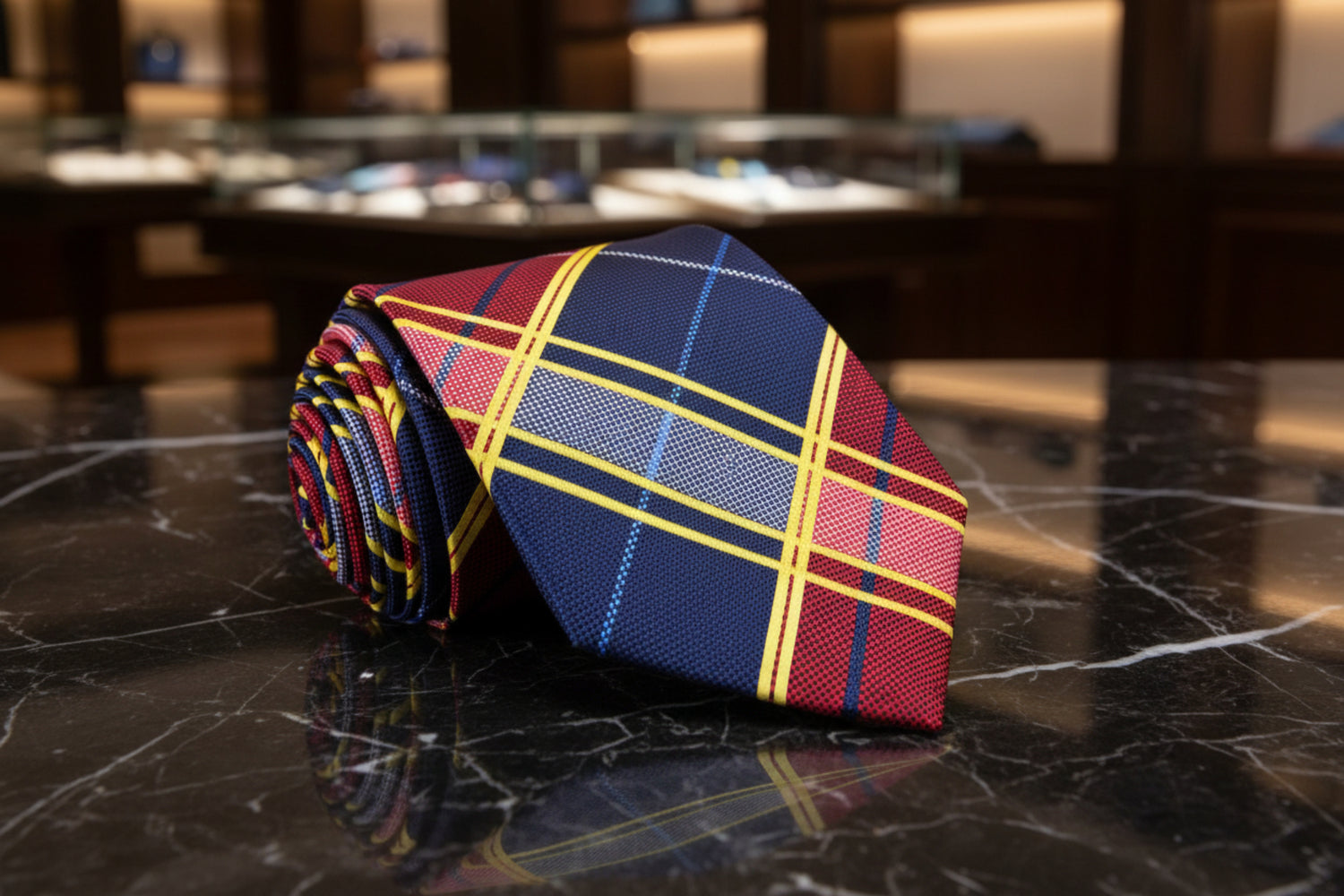 Plaid tie on a marble surface with blurred store interior in the background