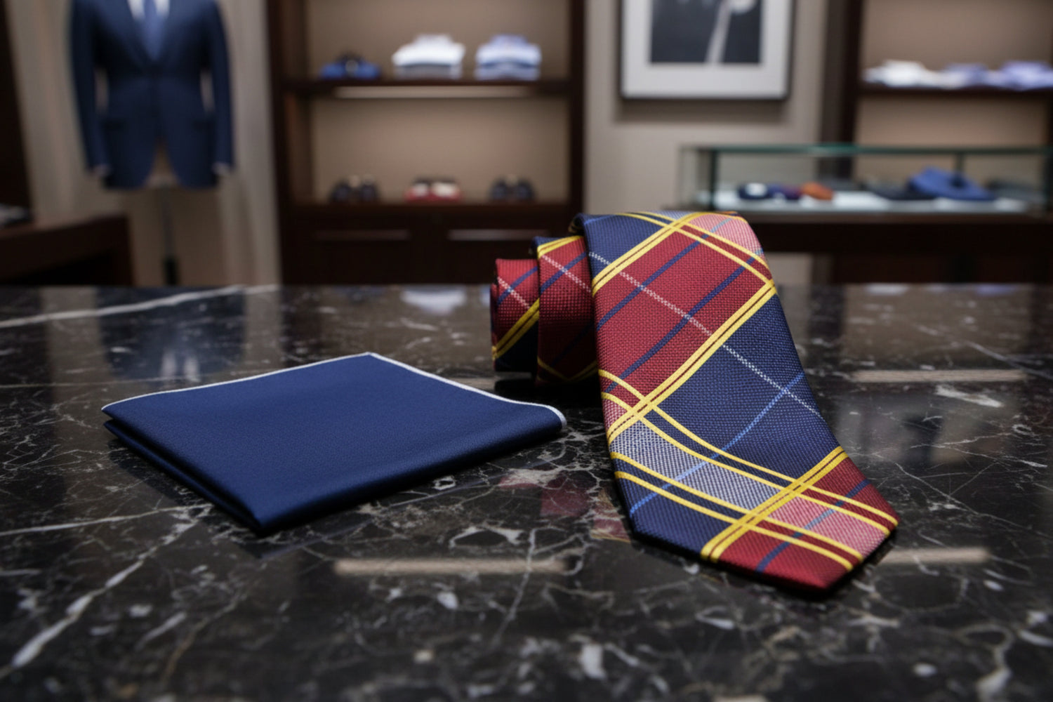 Plaid tie and matching pocket square on a wood background