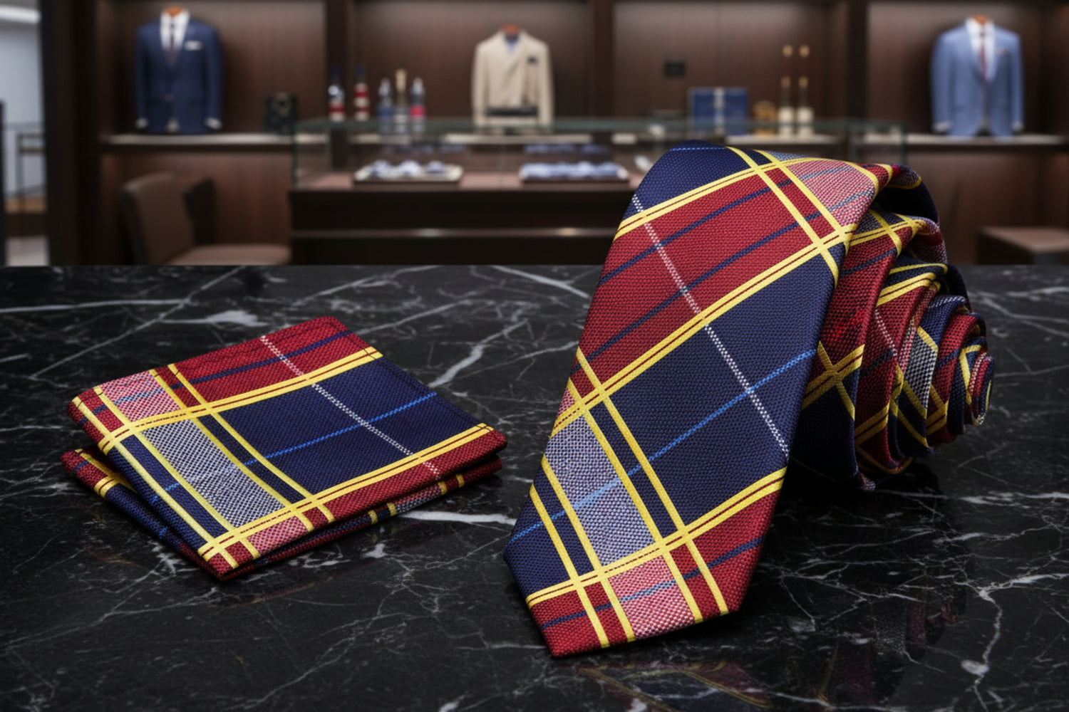 Plaid tie and pocket square set with red, blue, and yellow colors on a white background