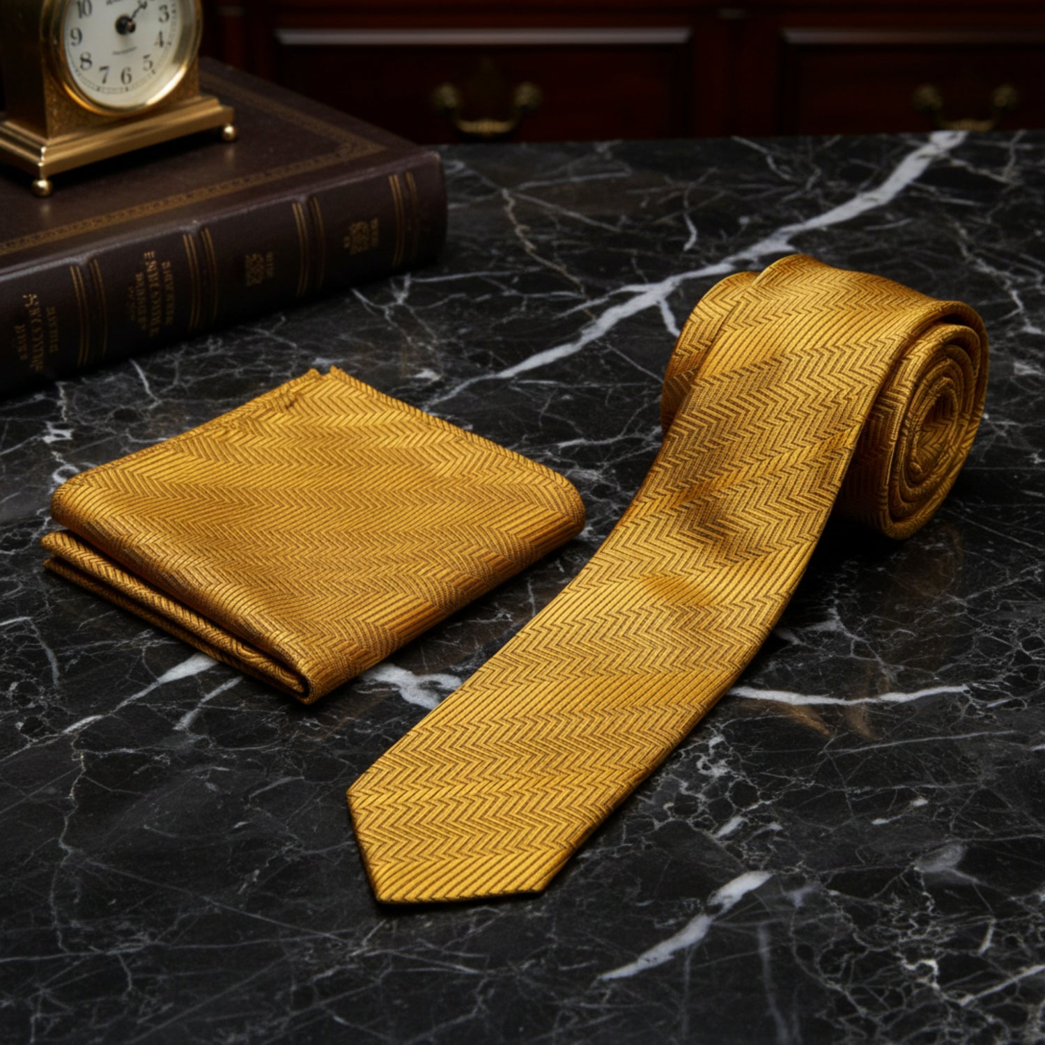 A matching men's necktie and pocket square set in a rich mustard yellow color, both featuring a fine herringbone pattern, displayed on a clean white background.