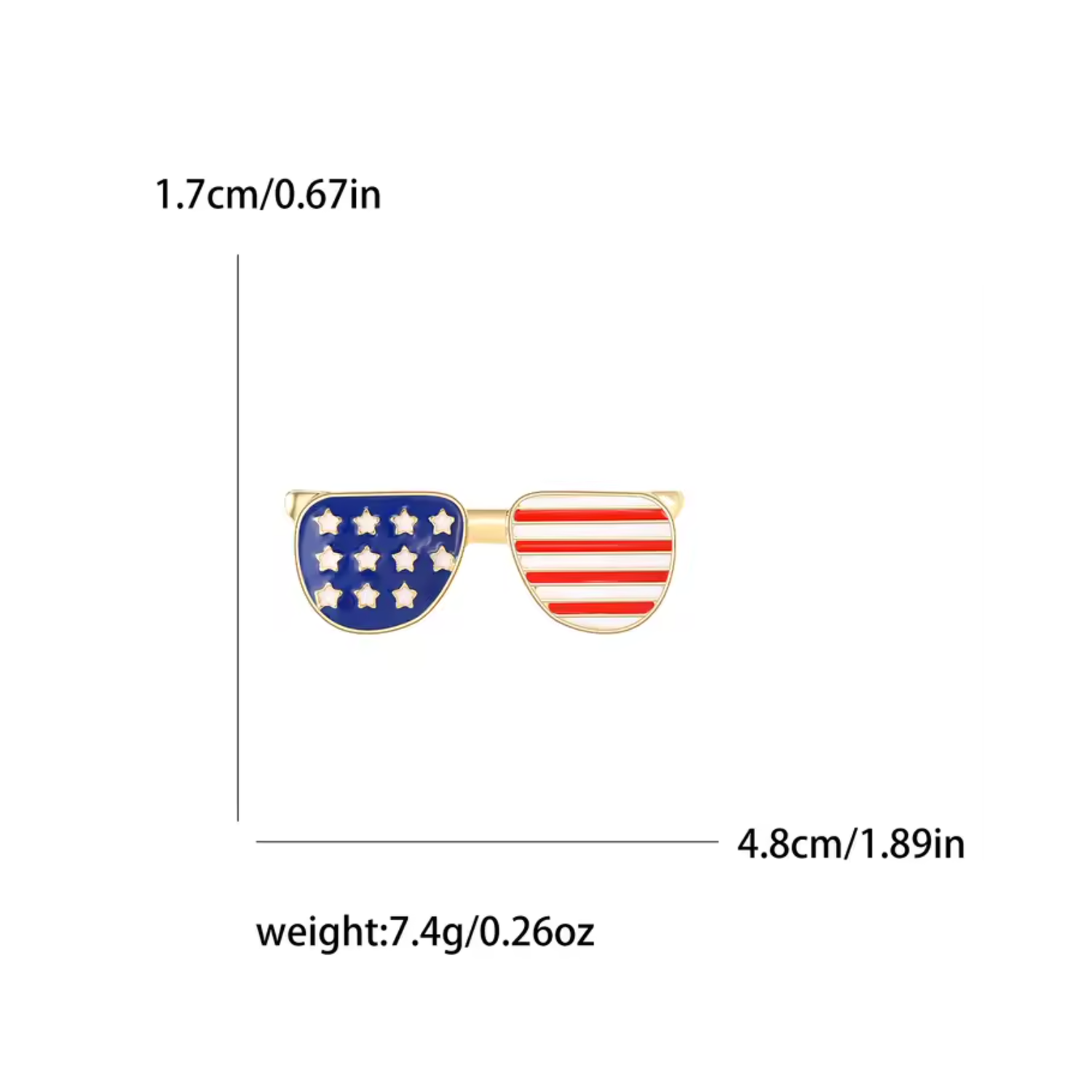 Sunglasses with American flag design and measurements on a white background