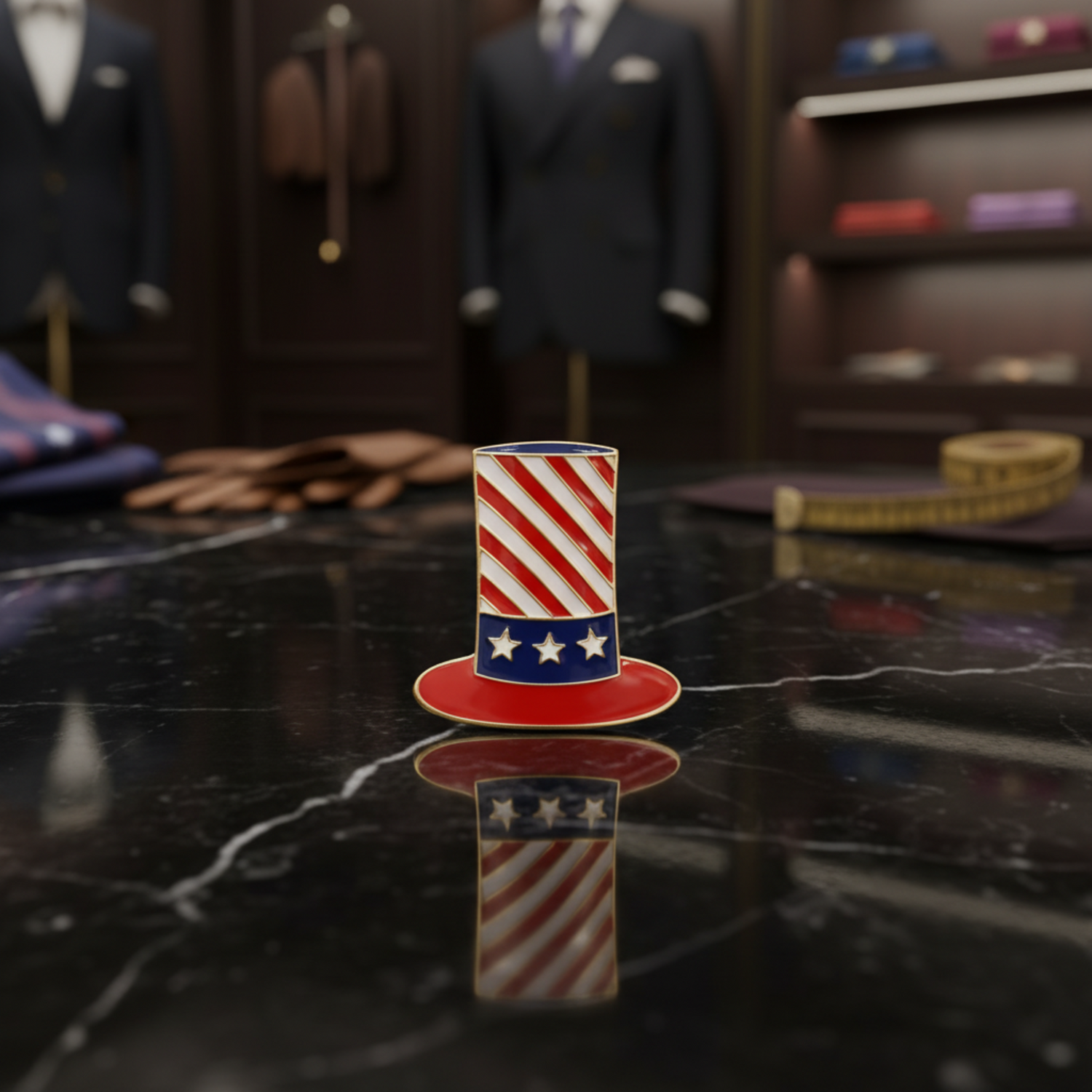 A small Uncle Sam patriotic-themed hat-shaped accessory with red and white diagonal stripes on the upper section, a blue band with white stars, and a red base