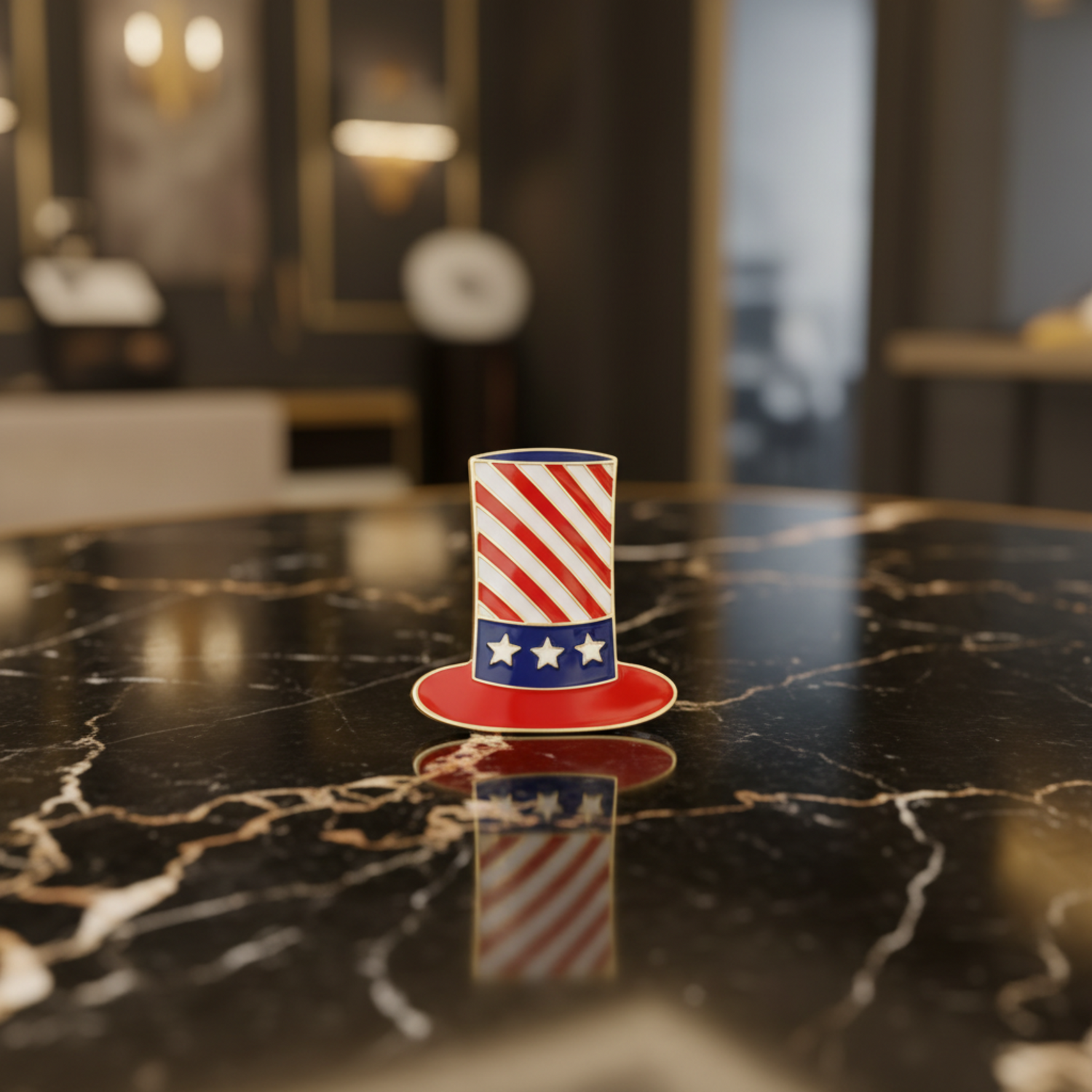 A small Uncle Sam patriotic hat icon with red and white diagonal stripes, a blue band with white stars, and a red base, 2