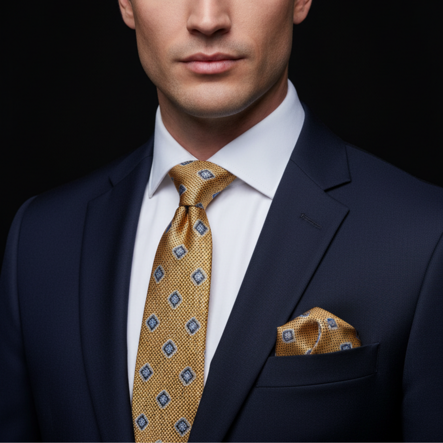 Man wearing a navy suit with a yellow patterned tie and pocket square on a black background