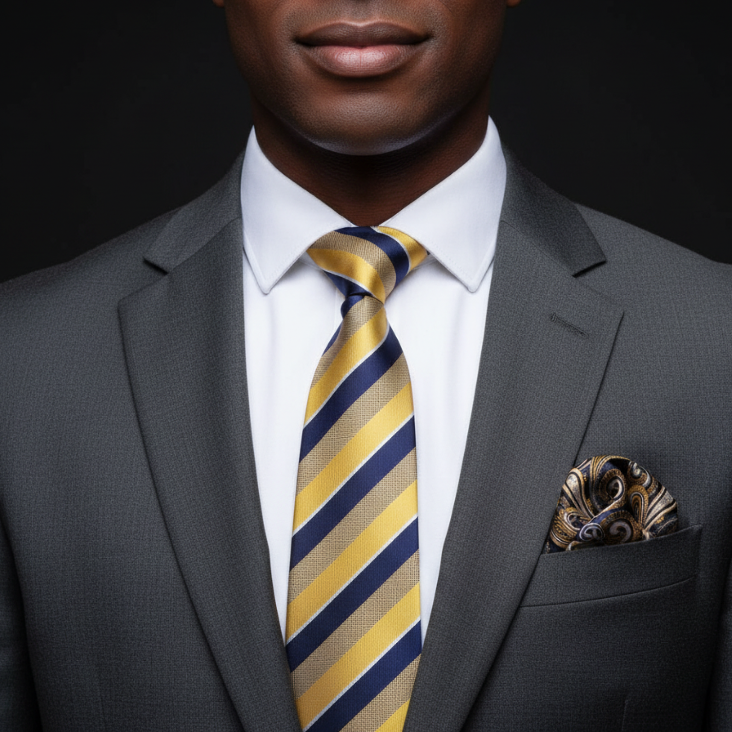 Man wearing a gray suit with a yellow and blue striped tie and pocket square.