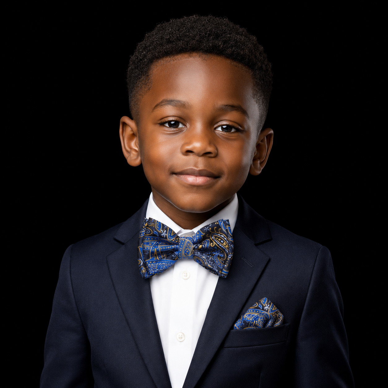 A young boy wearing a navy blue suit jacket, white dress shirt, and a blue patterned bow tie with a matching pocket square, set against a solid black background.