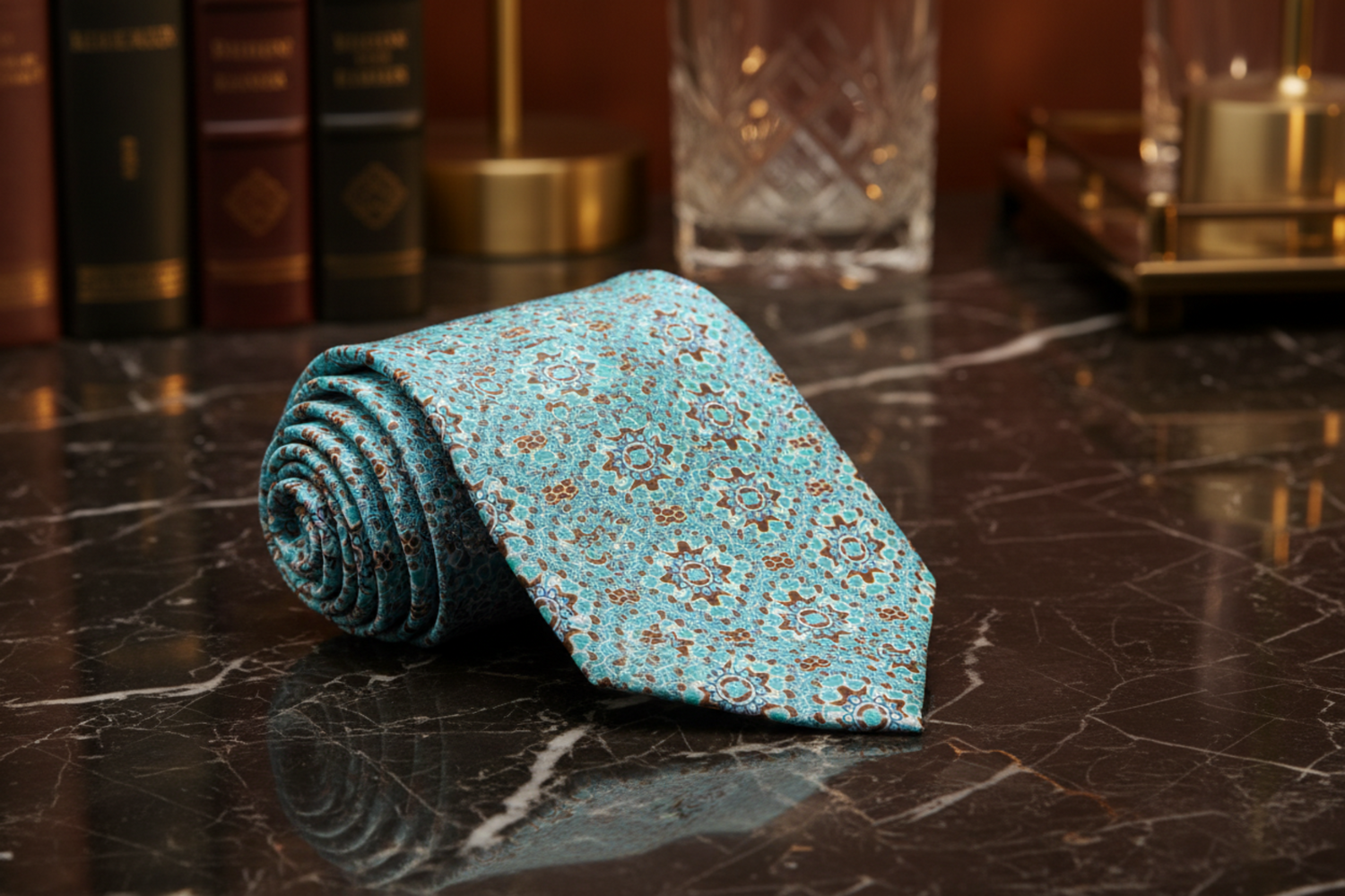 Rolled UP Aqua Blue, Brown Mosaic Necktie