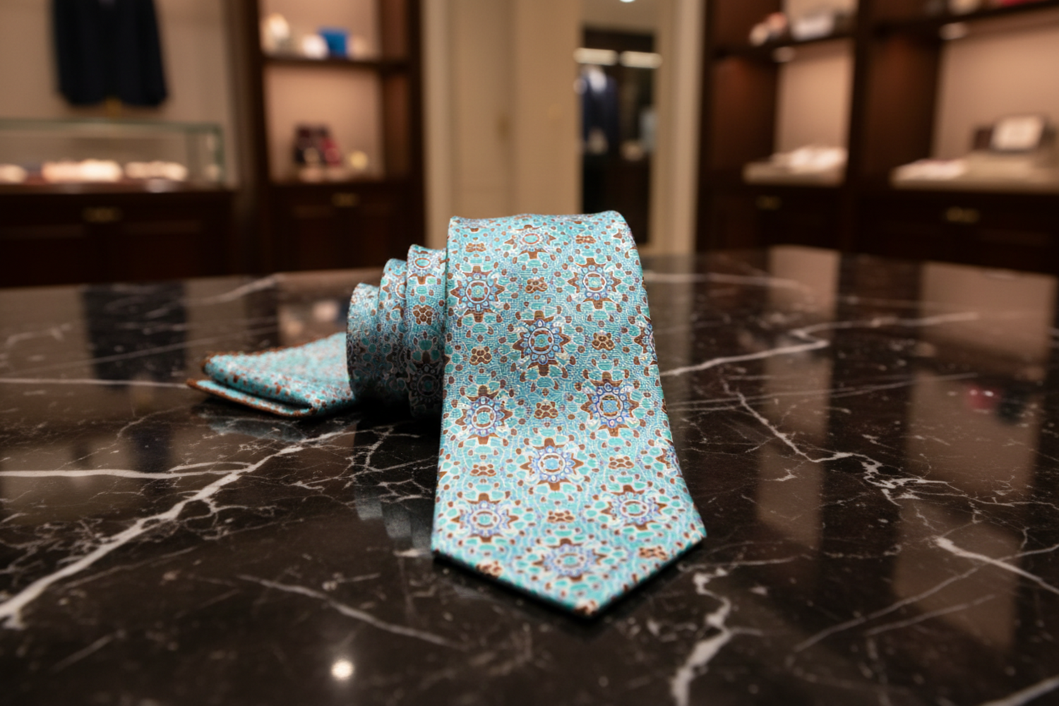 Aqua Blue, Brown Mosaic Necktie View 3