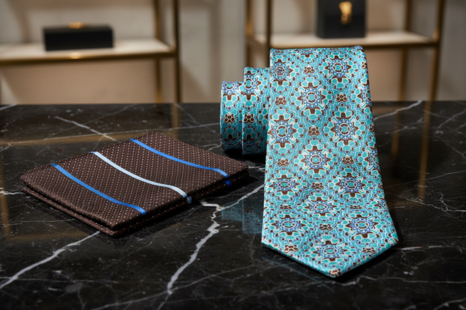 Alt View: Aqua Blue, Brown Mosaic Necktie and Brown, Blue Stripe Square