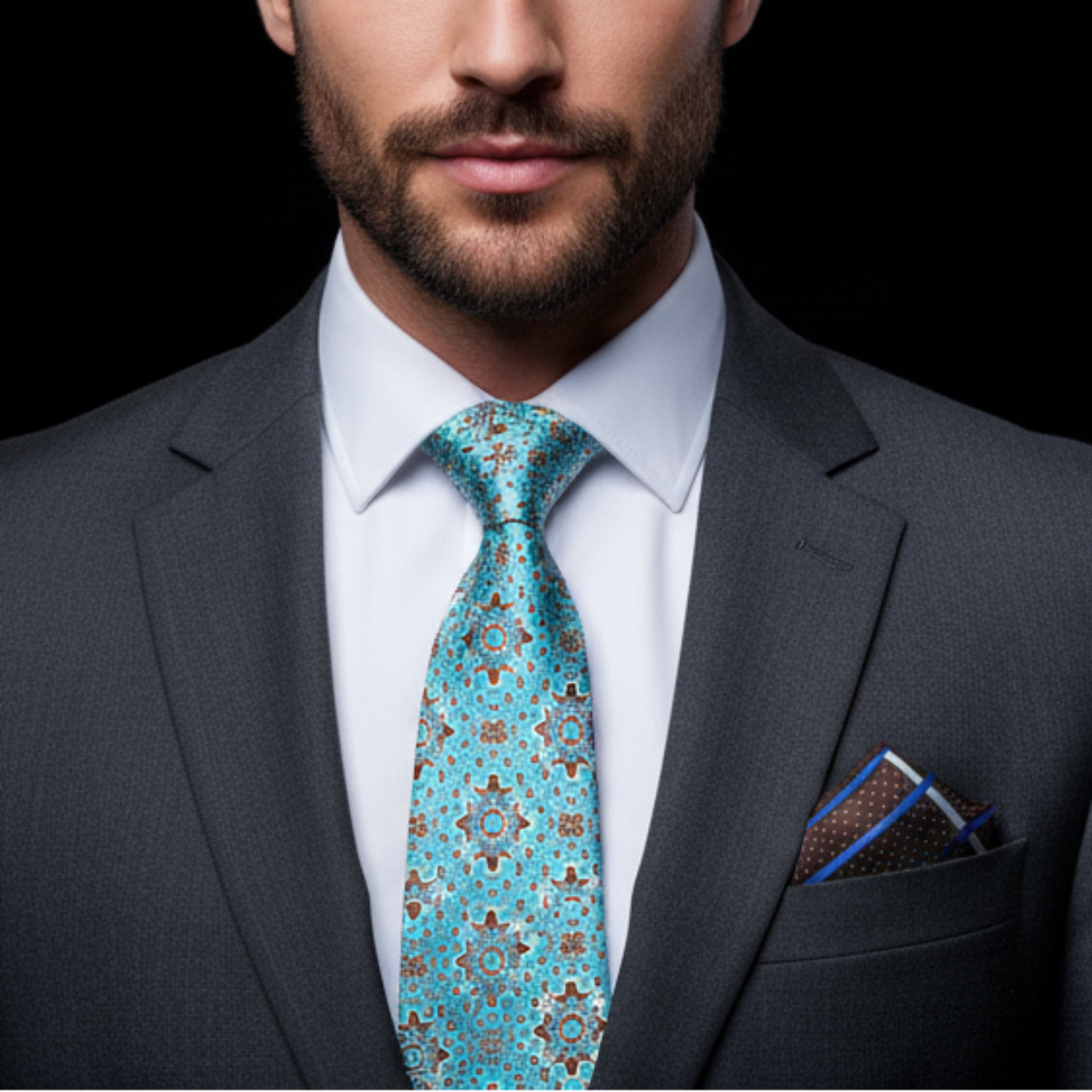 Man wearing a gray suit with a blue patterned tie and pocket square on a black background