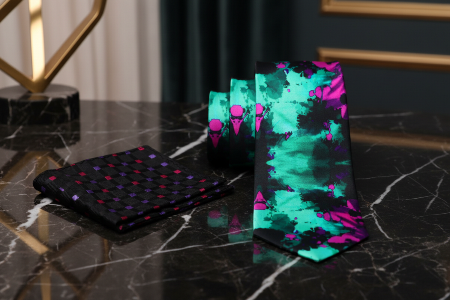 Alt Aqua Fuchsia Ink Blot Necktie and Accenting Black, Pink and Purple Check Square