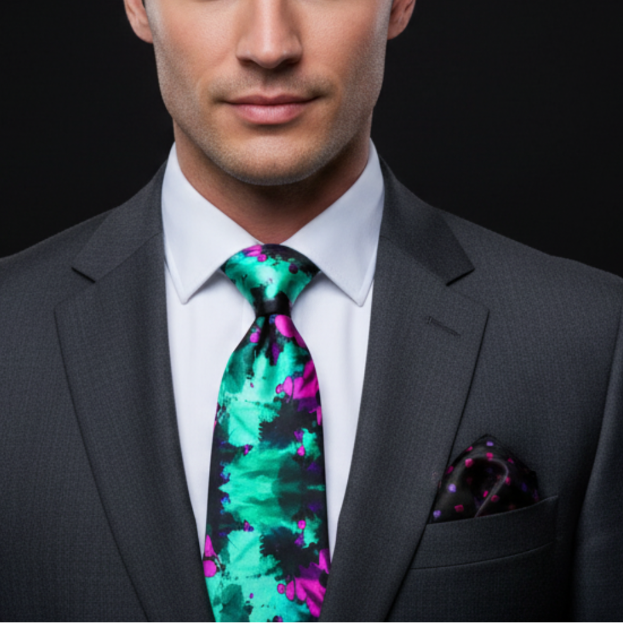 Man wearing a gray suit with a colorful tie and pocket square against a black background