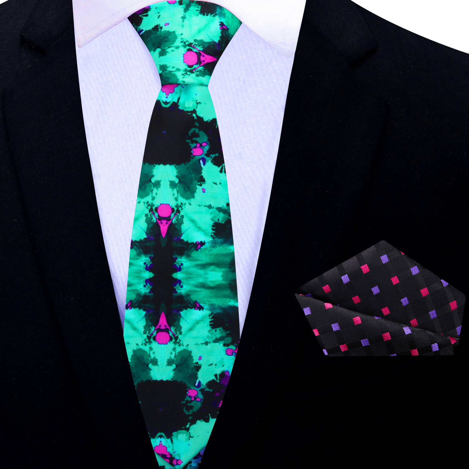 Thin Aqua Fuchsia Ink Blot Necktie and Accenting Black, Pink and Purple Check Square