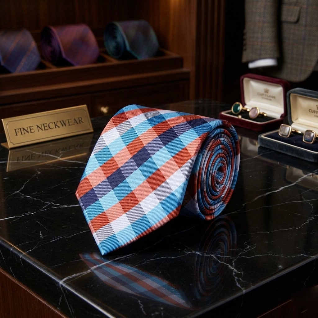 Plaid tie on a dark surface with a background of more ties and a suit.