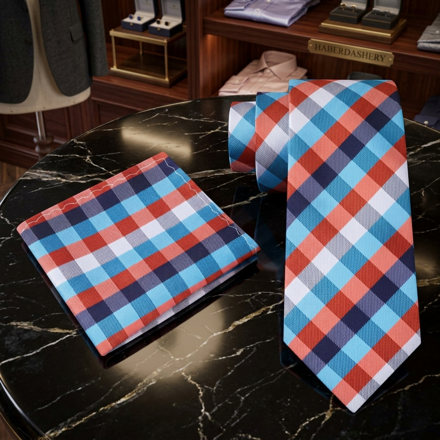 Plaid tie and pocket square set on a dark marble surface with a clothing store background.