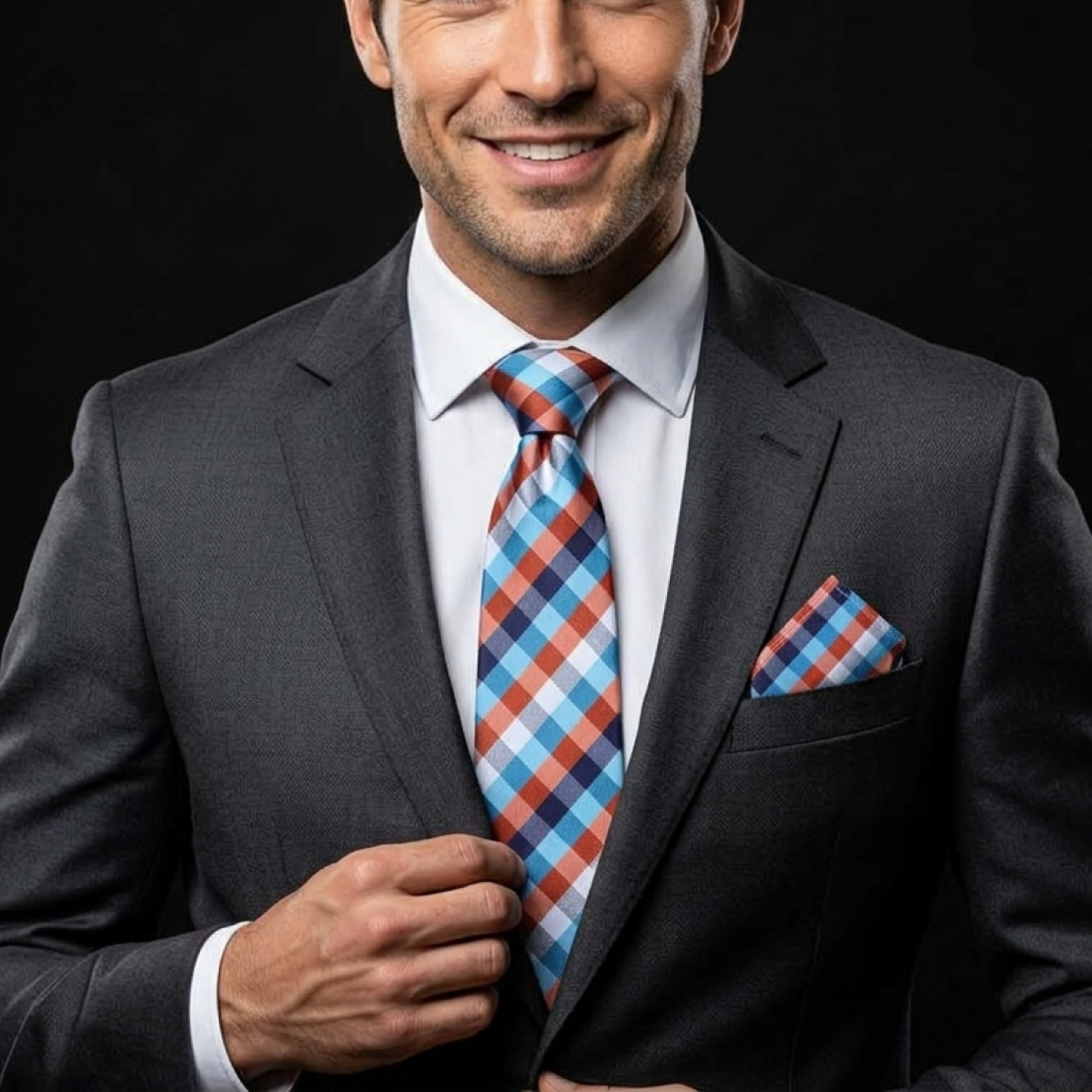 Man wearing a gray suit with a colorful tie and pocket square on a black background