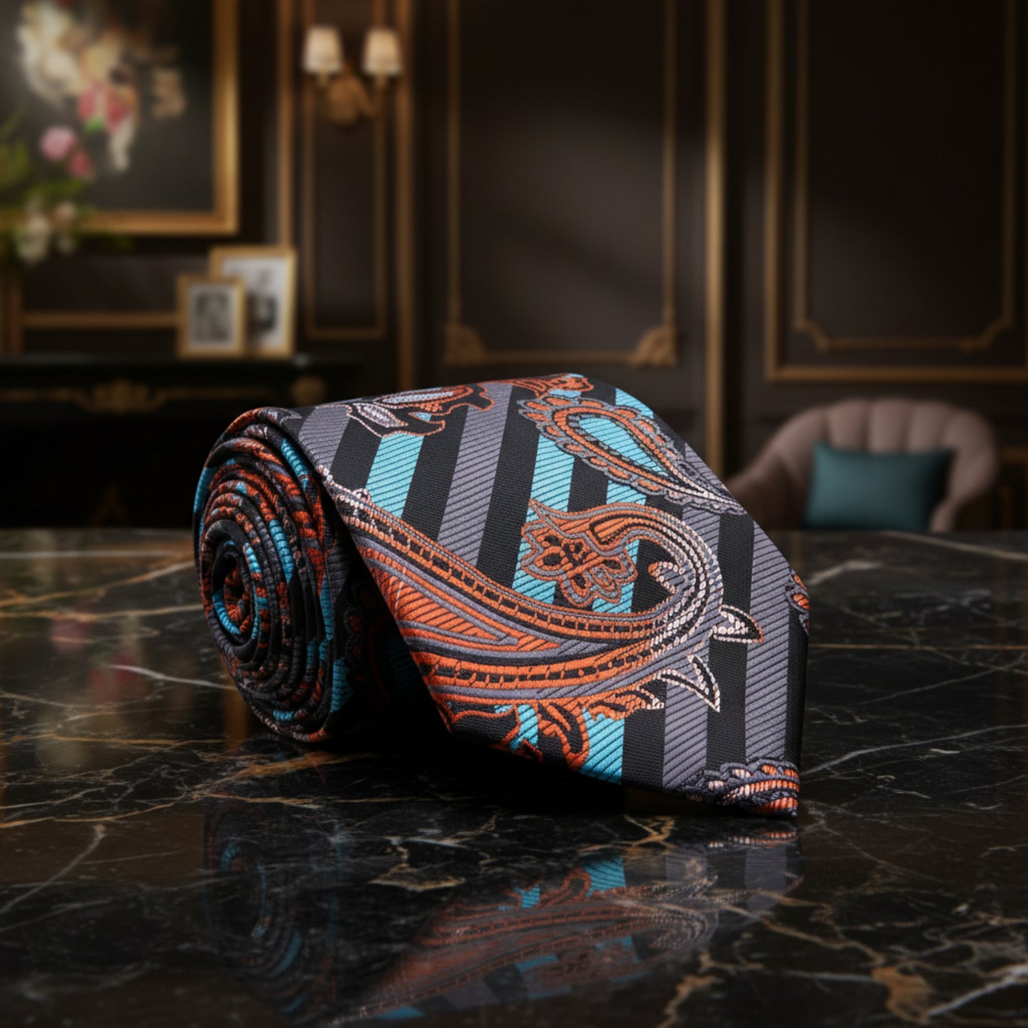 Roll of a patterned tie with orange, blue, and black design on a white background