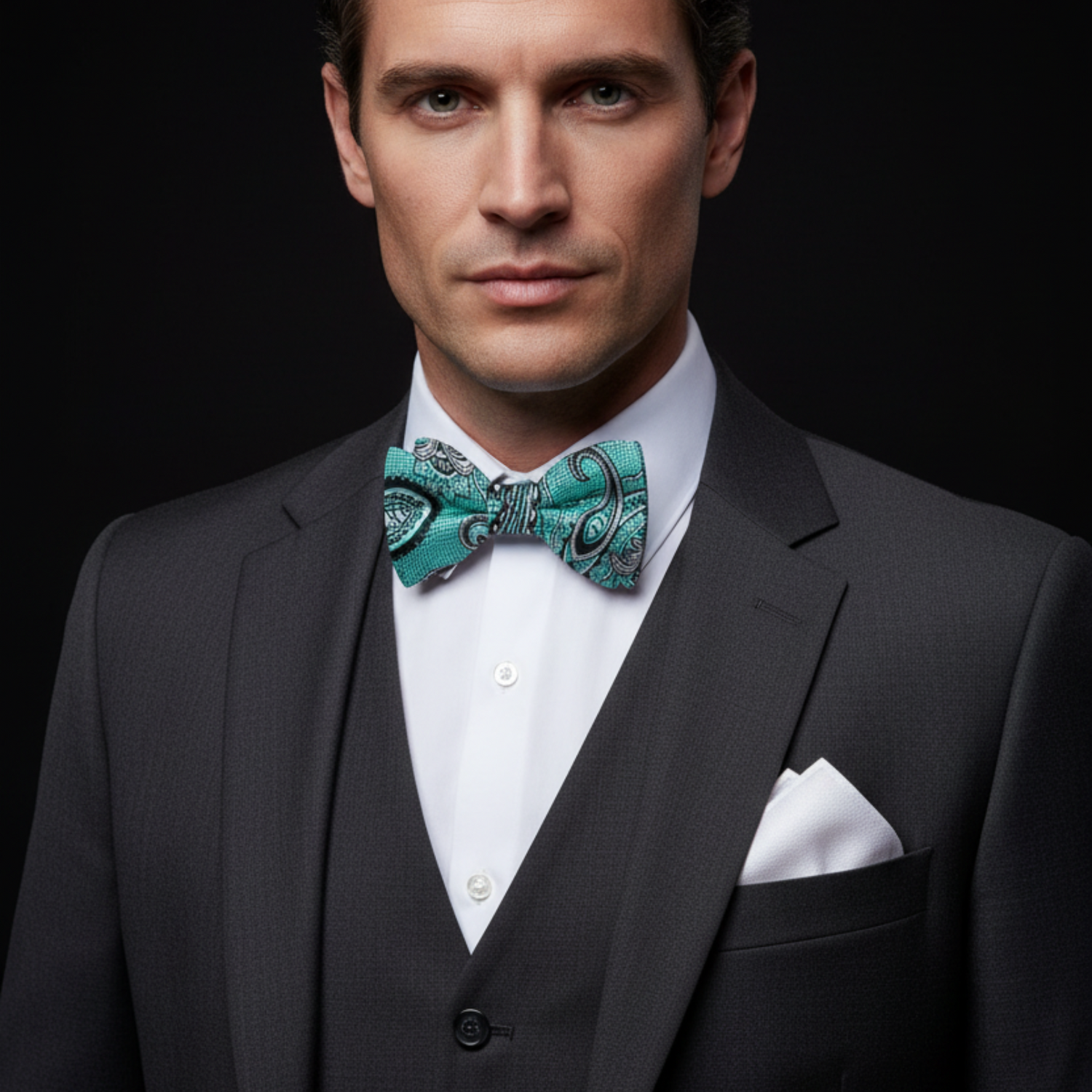 Man wearing a black suit with a white shirt and teal bow tie on a black background