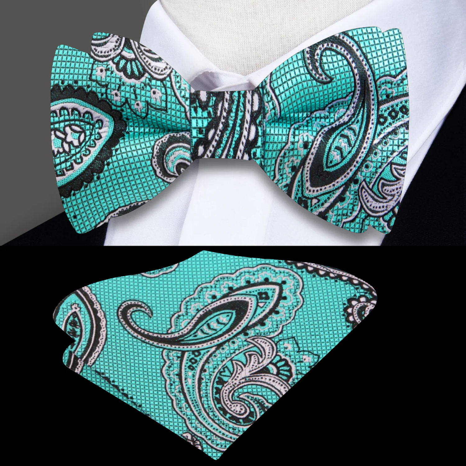 Aqua, Silver, Black Paisley Bow Tie and Square